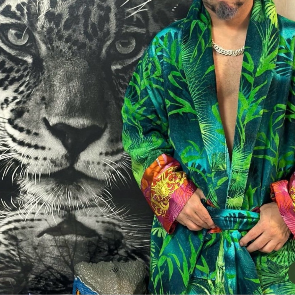 Versace Jungle Print Cotton Tropical Green Leaf Leaves Robe